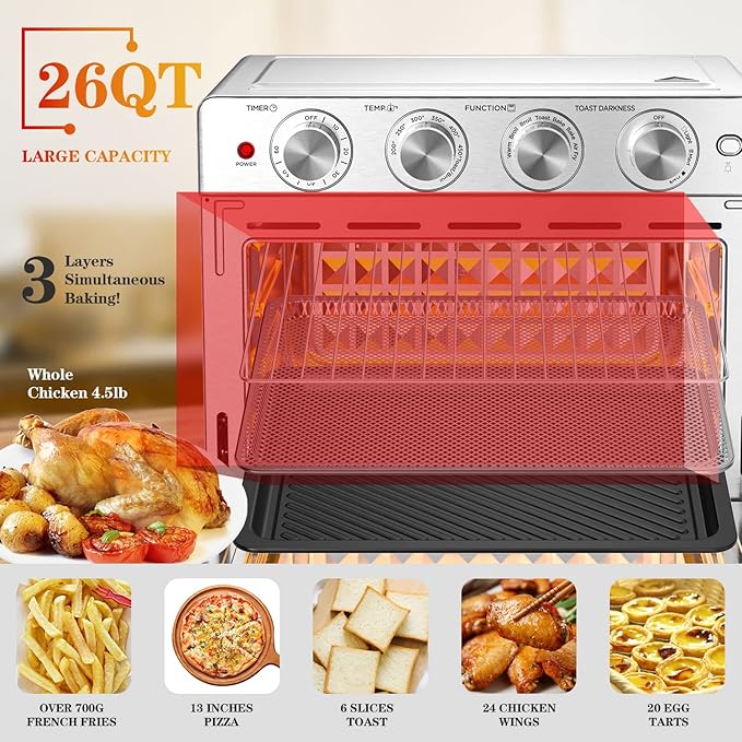 Geek Chef 26 QT Air Fryer Oven, Big Air Fryer, Toast Oven with Bake, Roast, Pizza, Easy to Use & Clean, 6 Slice Toast, Stainless Steel-HomvellaHome