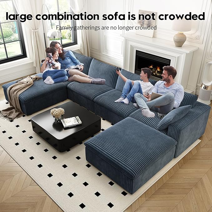 157.5" Cloud Couch Oversized Modular Sectional Sofa for Living Room,Modern Sofa with Deep Seat，U-Shape Boneless Couch with 2 Ottoman,Comfy Upholstered Couches for Apartment, Studio, Office,Blue-HomvellaHome