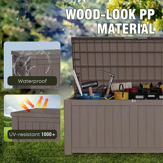 120 Gallon Patio Storage Box, Large Deck Box for Patio Furniture Covers, Cushion Pillows, Waterproof Outdoor Storage Bench for Towels, Garden Tools and Pool Accessories, Grey-HomvellaHome