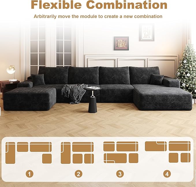 136" Sectional Couches for Living Room Modern Modular Sofa with L-Shape Couchs Upholstered Boneless Couch Deep Seat Sectional Couch with Chaise (Black, Right Facing Chaise+3Seaters+Ottoman)-HomvellaHome