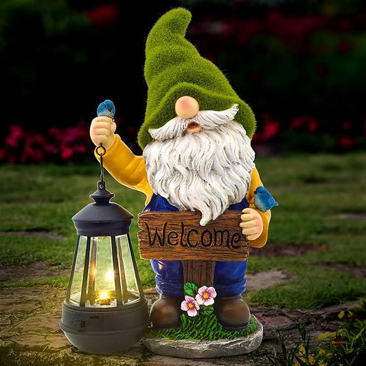 Garden Gnomes Outdoor - Flocked Gnome Statue Holding Lantern with Solar LED Lights | Gnomes Garden Decorations for Patio, Yard, Lawn Ornaments - Gnome Gifts-HomvellaHome