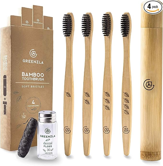 Greenzla Bamboo Toothbrushes, Wooden Toothbrush Set with Soft Bristles, Includes Travel Case and Charcoal Dental Floss, 4 Pack-HomvellaHome