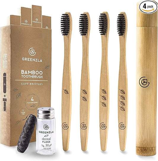 Greenzla Bamboo Toothbrushes, Wooden Toothbrush Set with Soft Bristles, Includes Travel Case and Charcoal Dental Floss, 4 Pack-HomvellaHome