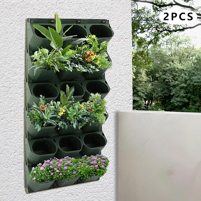 12Pieces 3-Pot Wall Planter Vertical Garden Plant Walls Wall Mounted Vertical Planter with Water-Storage Layer Stackable Wall-Mounted Flower Pot for Gardens, Balconies 180.78lbs Total Capacity (Green)-HomvellaHome