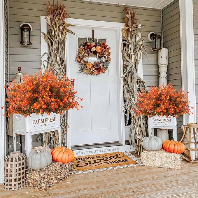 12 Bundles Artificial Fall Flowers No Fade Faux Autumn Plants, Fake Indoor Outdoor Greenery Decorations for Thanksgiving Christmas Wedding Party Home Garden Fireplace Décor (Fall Red)-HomvellaHome
