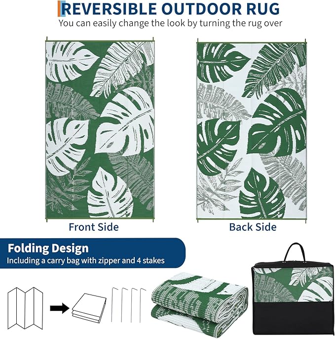 GAOMON Outdoor Rugs 9x18 Waterproof Patio Rug Outdoor Plastic Straw Rug Reversible Camping Mat, Portable RV Picnic Carpet with Bag & 4 Stakes, UV Resistant Outside Carpet for Deck Balcony, Green-HomvellaHome