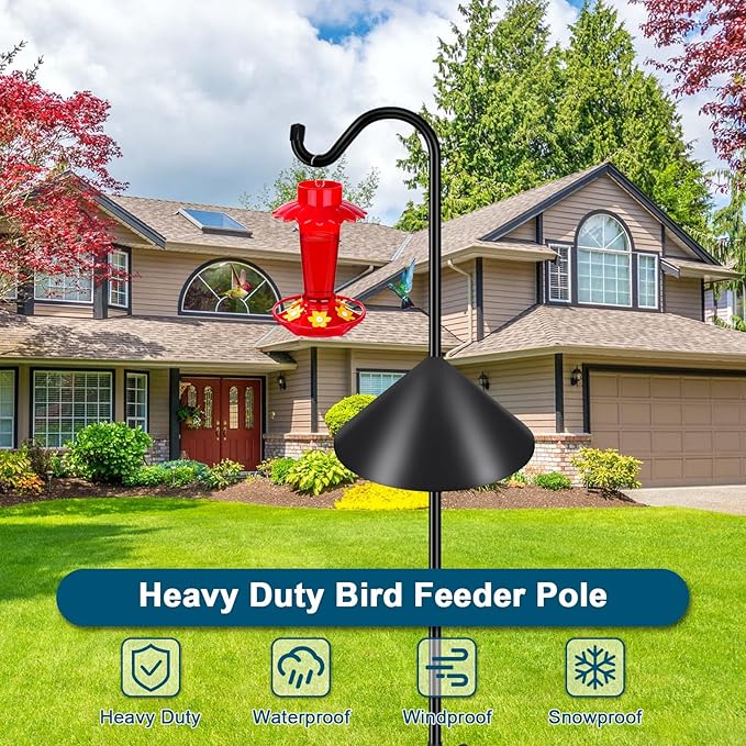 Gtongoko Bird Feeder Pole Squirrel Proof 92 Inch Shepherds Hook for Outdoor with Squirrel Baffles Adjustable Heavy Duty with 7 Prongs Base for Hanging Plants, Bird Feeders, Black-HomvellaHome