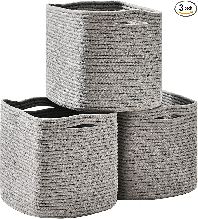 11 Inch Cube Storage Bins, Storage Cube Organizer Bins, Woven Cotton Rope Basket for Storage, Storage Baskets for Organizing Shelves, Grey Baskets for Toys Nursery, Grey (Pack of 3)-HomvellaHome