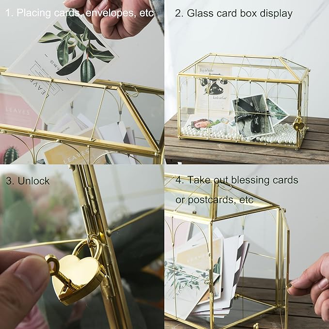 Glass Wedding Card Box with Slot, 12.6 inch Large Clear Card Box Gold Brass Gift Card Storage Box with Lock for Wedding Receptions, Baby Shower, Birthday Party, Bridal Shower-HomvellaHome