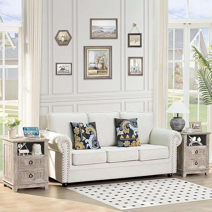 18" Farmhouse Night Stands Set of 2 with Charging Station, 2 & 3 Drawers End Table Dresser for Bedroom, Oak Wooden Nightstand, Bed Side Table with Open Shelf, Bedside Cabinet for Living Room-HomvellaHome