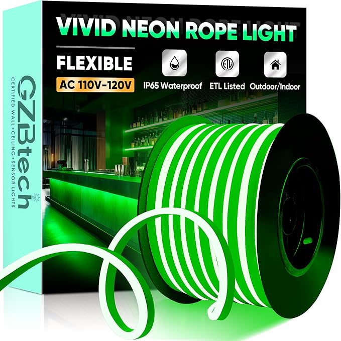 GZBtech Flexible LED Neon Rope Lights 66FT,AC 110-120V Waterproof Strip Light, 120 LEDs/M Cuttable Connectable Neon Lighting for Indoor Outdoor Home Decor/Commercial Building Use-Green 20M-HomvellaHome