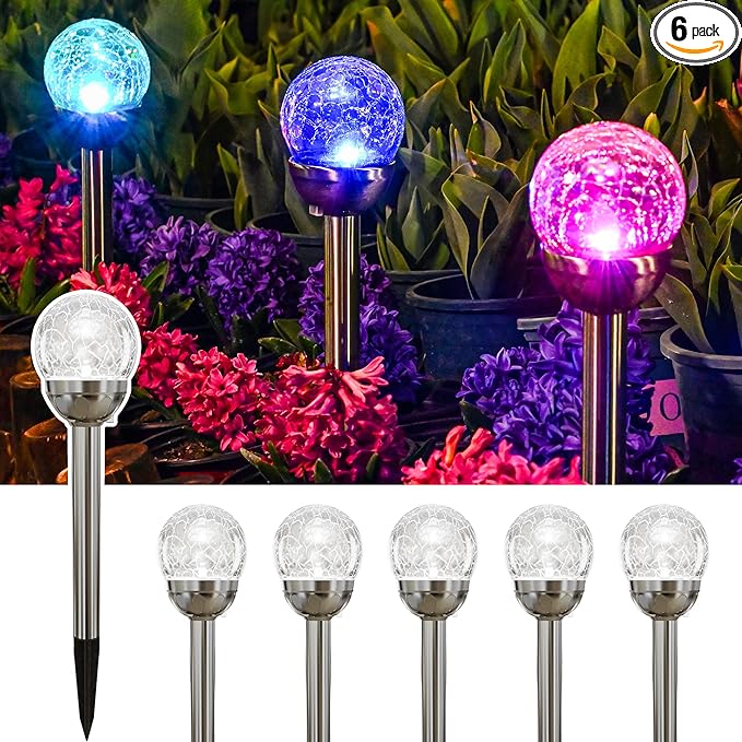 GIGALUMI Solar Outdoor, Cracked Glass Ball Solar Garden Lights, Color Changing Lights Outdoor,Garden LED for Path, Patio, Yard, 6 Pack Pathway-HomvellaHome
