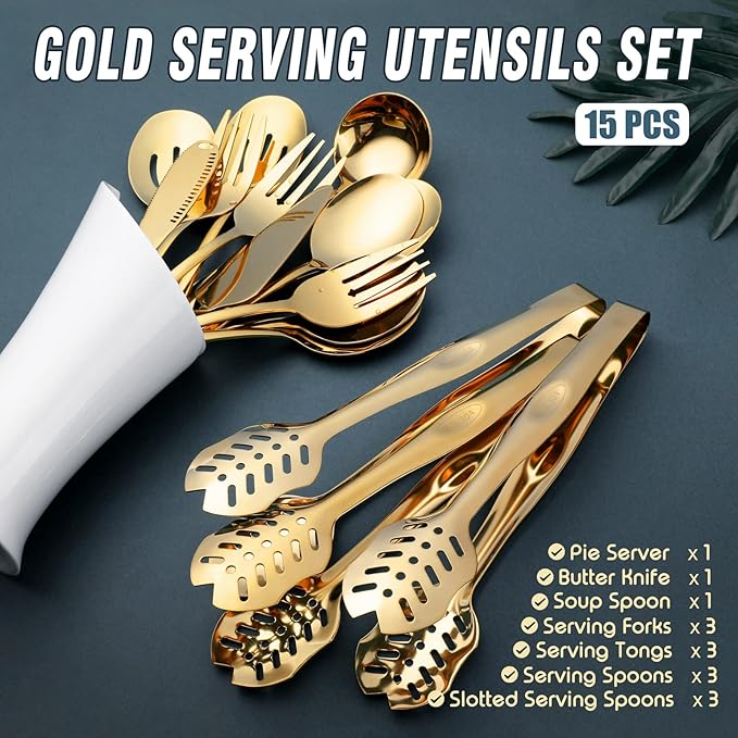 Gold Serving Utensils, OGORI 15-Piece Stainless Steel Gold Serving Utensils Set Include Serving Spoons, Slotted Serving Spoons, Serving Tongs, Serving Forks, Butter Knife, Soup Ladle, Pie Server-HomvellaHome