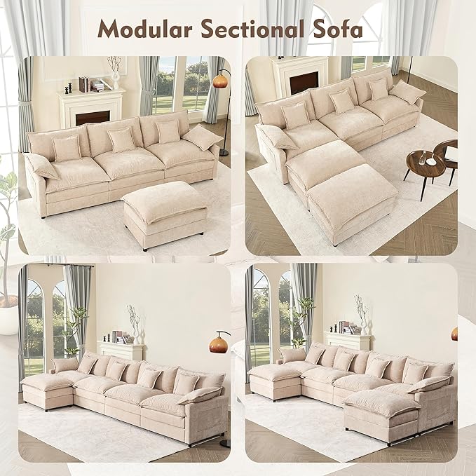 108" U Shaped Couch, Modular Sectional Sofa, 3-Seater Comfy Cloud Couch with Movable Ottoman, Deep Seat Couches for Living Room, Chenille, Flat White-HomvellaHome