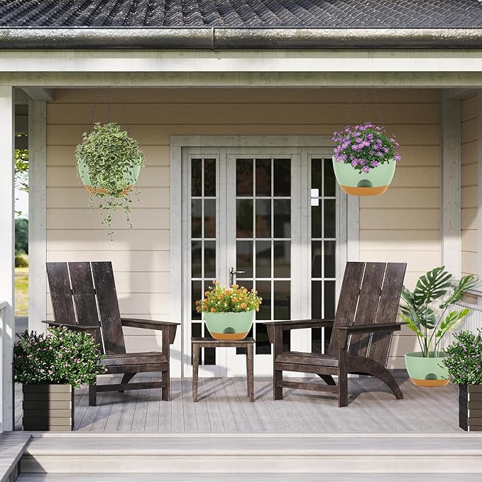 12 Inch Hanging Baskets 2 PC with Chains, Self-Watering Hanging Planters for Indoor Outdoor Plants, Plastic Hanging Flower Pots,Green Brown-HomvellaHome