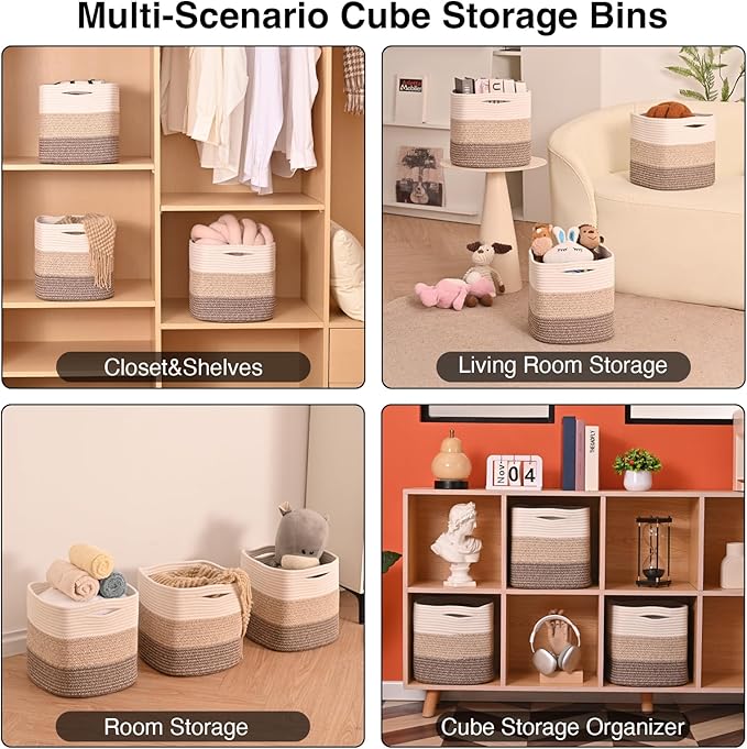11 Inch Cube Storage Bins, Storage Cube Organizer Bins, Woven Cotton Rope Baskets for Storage, Storage Basket for Organizing Shelves, Square Baskets for Toys, Gradient Brown (Pack of 3)-HomvellaHome