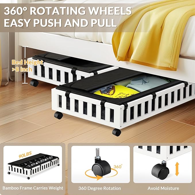 2 Pack Bamboo Under Bed Storage with Wheels, 39”x20”x7.8” Lager Under Bed Storage Containers (White)-HomvellaHome