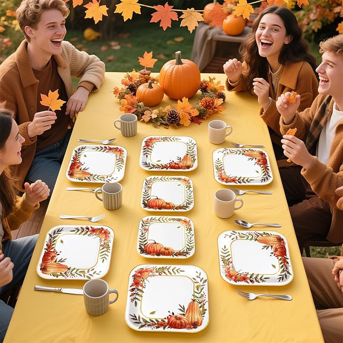 Grencian 200Pcs Fall Plates and Napkins Thanksgiving Plates Pumpkin Flower Wreath Plate Disposable Pumpkin Tableware Fall Party Supplies for Autumn Harvest Thanksgiving Party Decorations, Serves 50-HomvellaHome