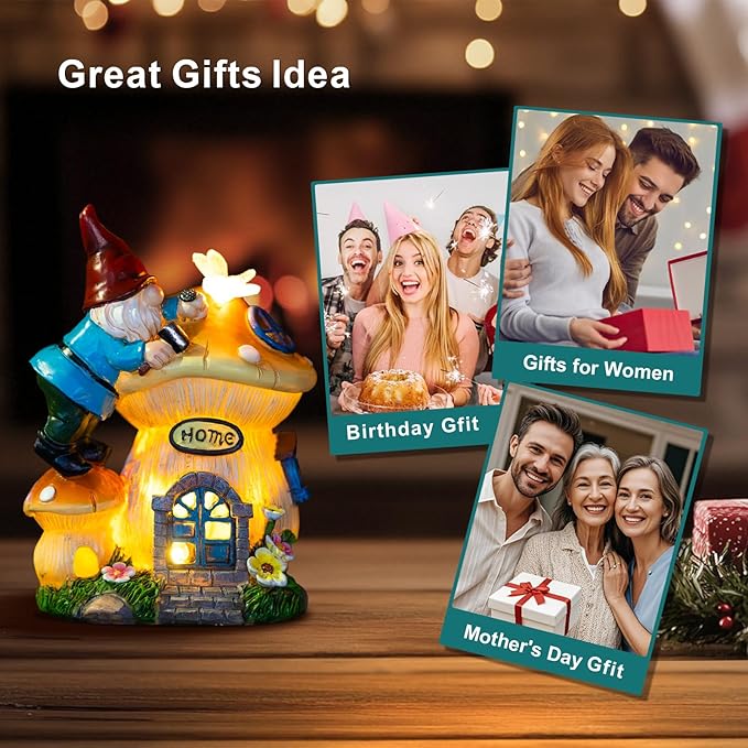 Garden Gnome Statues Figurine Lights - Solar Powered Lighting Outdoor Decorations, Gnome Build Mushroom Fairy House, Yard Art Lawn Ornaments for Porch Patio Balcony - Gnome Gifts for Women Mom-HomvellaHome