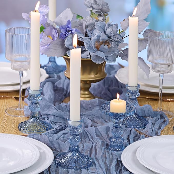 12Pcs 4" H Aqua Blue Candlestick Holders Set- Taper Candle Holders Bulk, Glass Candle Holders for Wedding, Party, Romantic Dinner Table Centerpieces, Festival Gifts & Windowsill Decor-HomvellaHome