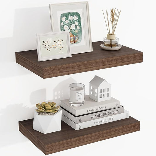 16 Inch Floating Shelves, 16"x9.25"x1.5" Inch Deep Floating Shelves for Wall, Wooden Shelves for Bathroom, Bedroom, Living Room, Walnut-HomvellaHome