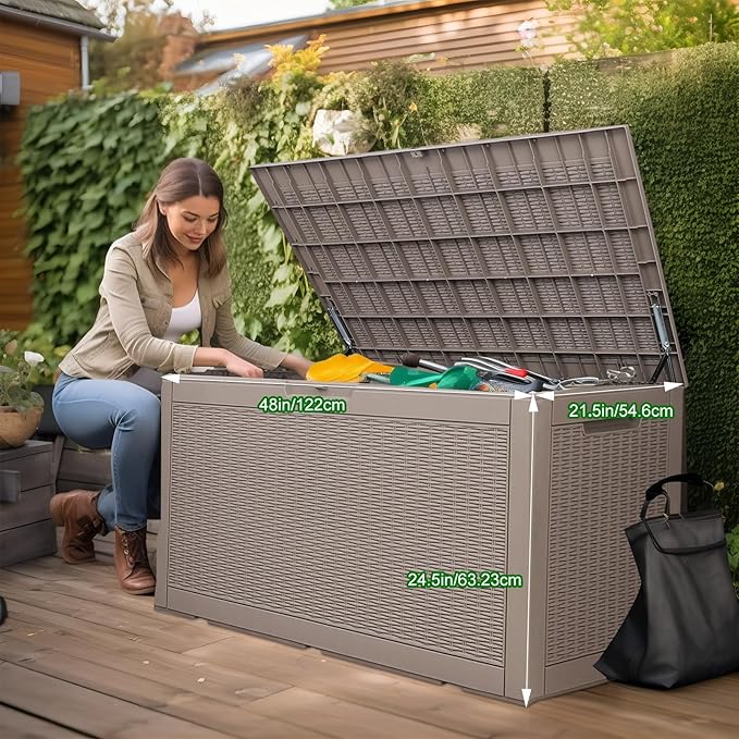 100 Gallon Resin Deck Box, Lockable Patio Outdoor Storage Box for Furniture, Garden Tools and Tools Storage, Waterproof Outside Storage Box - Grey-HomvellaHome