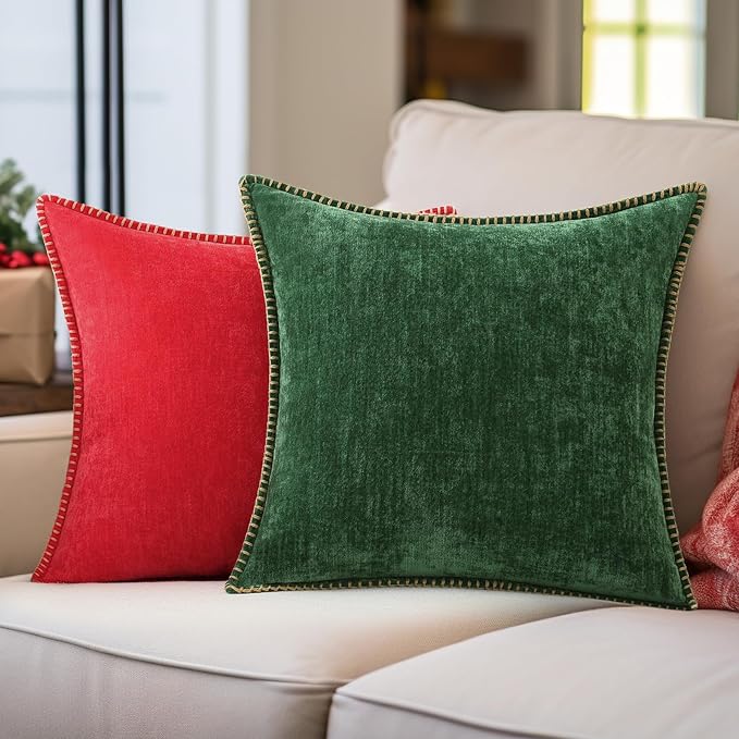 decorUhome Chenille Soft Throw Pillow Covers 18x18 Set of 2, Farmhouse Velvet Neutral Decorative Euro Pillow Covers with Stitched Edge for Couch Sofa Bed Home Decor, Red-HomvellaHome