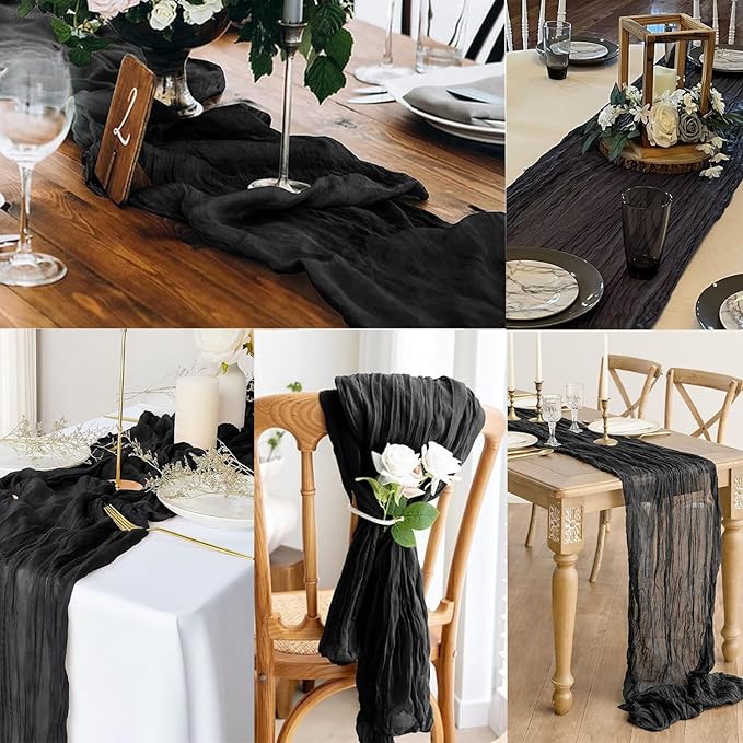 10FT 6 Pack Black Cheesecloth Table Runner 20 x 120 Inch Long Boho Fabric Rustic Cheese Cloth Table Runner for Wedding Bridal Shower Baby Shower Gauze Sheer Birthday Party Table Decorations-HomvellaHome