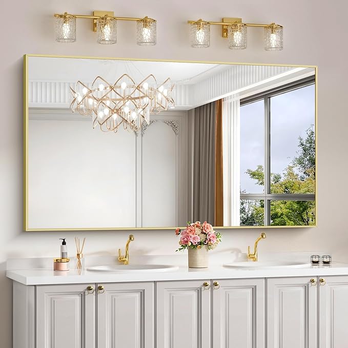 Gold Bathroom Mirror for Wall, 60x30 Inch Rectangle Mirrors with Metal Frame, Modern Vanity Wall Mirror Decor for Bathroom Living Room, Entryway Hangs Horizontal or Vertical-HomvellaHome