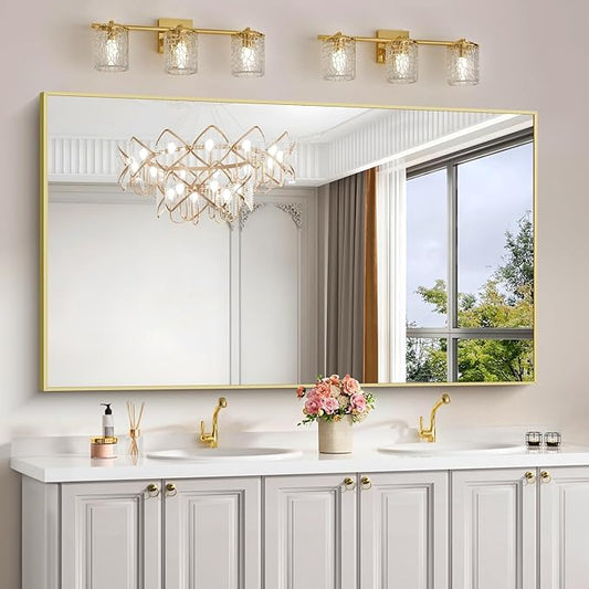 Gold Bathroom Mirror for Wall, 60x30 Inch Rectangle Mirrors with Metal Frame, Modern Vanity Wall Mirror Decor for Bathroom Living Room, Entryway Hangs Horizontal or Vertical-HomvellaHome