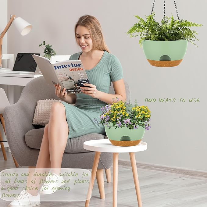 12 Inch Hanging Baskets 2 PC with Chains, Self-Watering Hanging Planters for Indoor Outdoor Plants, Plastic Hanging Flower Pots,Green Brown-HomvellaHome