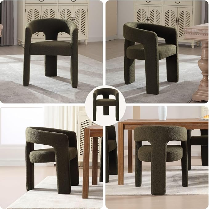 Green Sherpa Dining Chairs Set of 2, Modern Barrel Dining Room Chairs Upholstered Faux Fur Accent Chair with Arms and Round Back for Living Room Kitchen Armchair No Assembly Needed-HomvellaHome