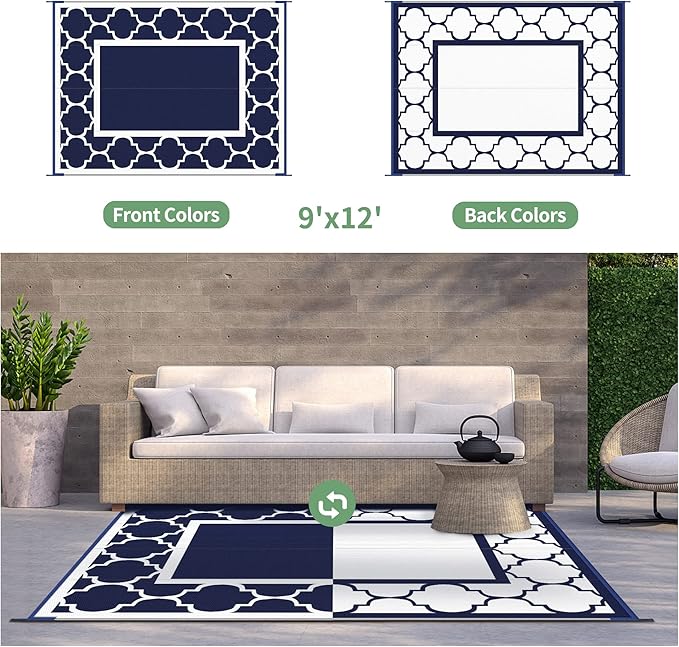 GENIMO 9' x 12' Outdoor Rug Waterproof for Patio Decor, Foldable Reversible Plastic Straw Area Rugs Mat for Camper, Outside Carpet for Rv, Deck, Porch, Picnic, Beach, Balcony, Blue & White-HomvellaHome