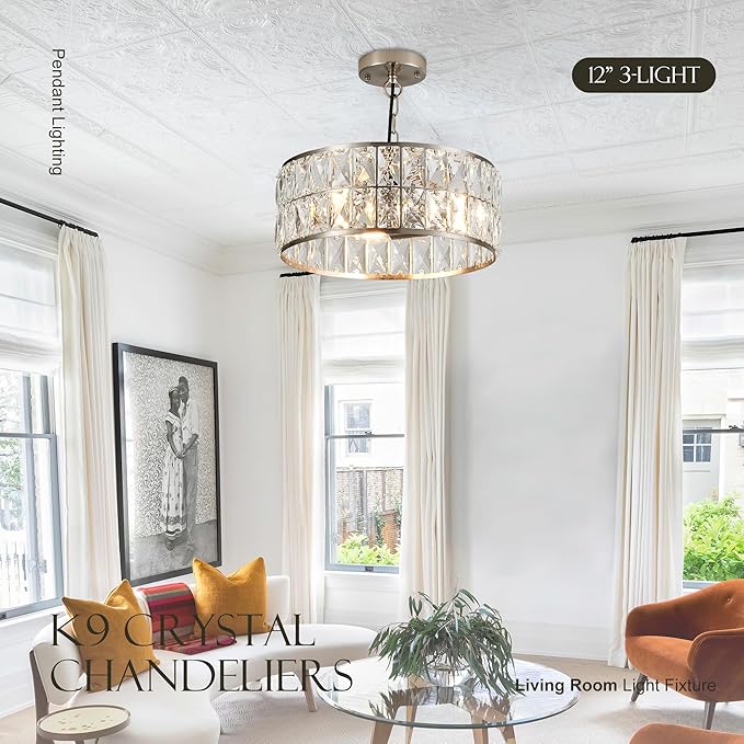 12” 3-Light Modern Crystal Chandeliers Nickel Dinning Room Light Fixture, Round Pendant Light Kitchen Island Chandelier, Flush Mount Ceiling Light for Living Room Entryway Bedroom Foyer-HomvellaHome