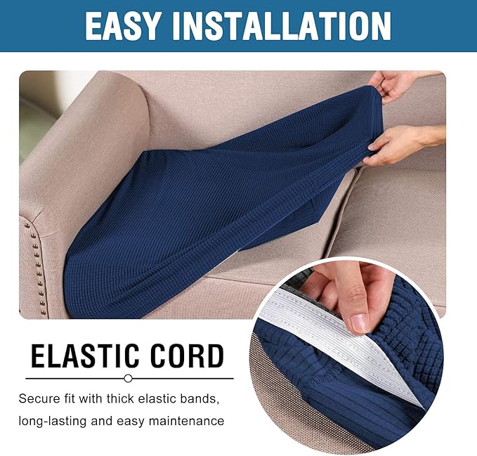 H.VERSAILTEX Super Stretch Individual Seat Cushion Covers - 2 Piece Large Sofa Cushion Covers, Navy, Thick Jacquard Textured Twill Fabric Sets-HomvellaHome