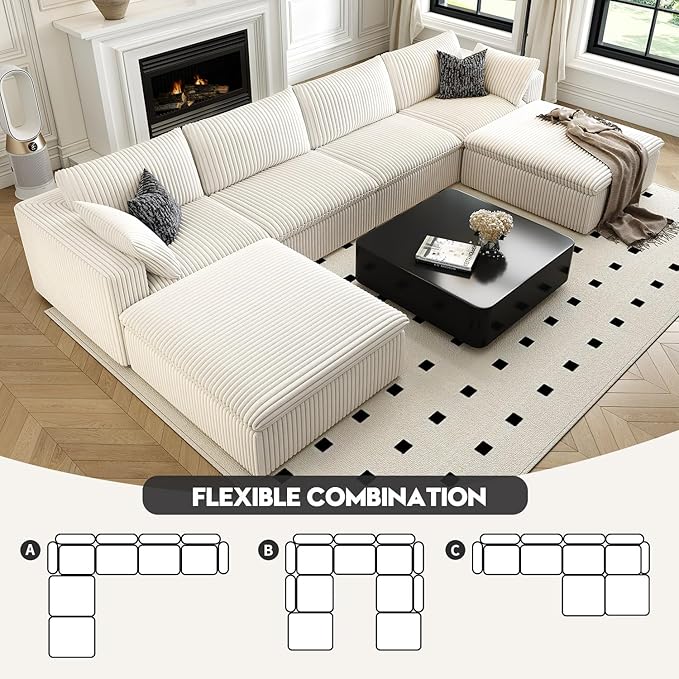 157.5" Cloud Couch Oversized Modular Sectional Sofa for Living Room,Modern Sofa with Deep Seat，U-Shape Boneless Couch with 2 Ottoman,Comfy Upholstered Couches for Apartment, Studio, Office,White-HomvellaHome