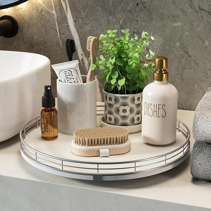 13" Lazy Susan Turntable Organizer for Table Top, Round Wooden Lazy Susan for Cabinet Kitchen Decor Centerpieces Coffee Table, Storage Condiments Spices, Bathroom Vanity Tray for Soap, White-HomvellaHome