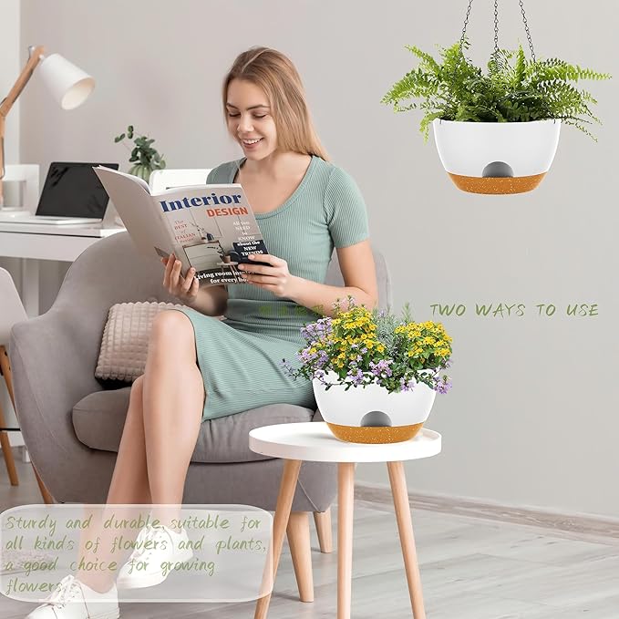 12 Inch Hanging Baskets 2 PC with Chains, Self-Watering Hanging Planters for Indoor Outdoor Plants, Plastic Hanging Flower Pots,White Brown-HomvellaHome