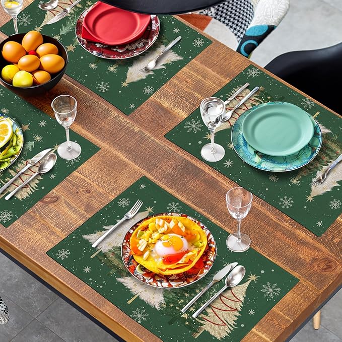 Green Christmas Tree Placemats Set of 4, 12x18 Inch Xmas Trees Snowflakes Winter Holiday Place Mats Seasonal Washable Linen Table Mats for Indoor Outdoor Kitchen Dining Party Décor-HomvellaHome