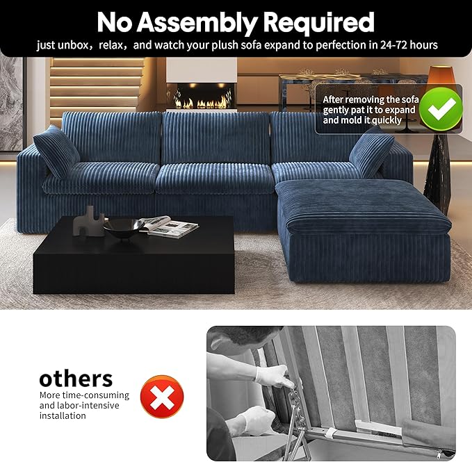 118" L Shaped Modern Sofa Modular Sectional Cloud Couch with Ottoman,Deep Seat Upholstered Couches with Plush Corduroy Fabric for Living Room Furniture,Bedroom and Apartment,No Assembly Required,Blue-HomvellaHome