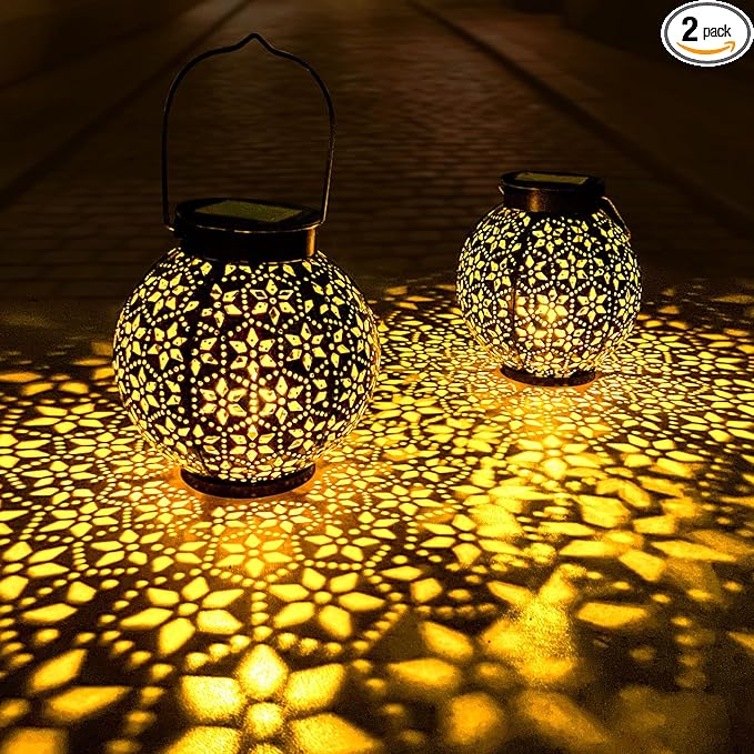 2 Pack Outdoor Solar Lantern Lights, Waterproof Tabletop LED Moroccan Lanterns, Hanging Metal Decorative Garden Lights for Patio, Lawn, Porch, Backyard-HomvellaHome