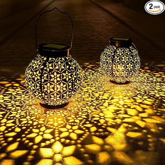 2 Pack Outdoor Solar Lantern Lights, Waterproof Tabletop LED Moroccan Lanterns, Hanging Metal Decorative Garden Lights for Patio, Lawn, Porch, Backyard-HomvellaHome
