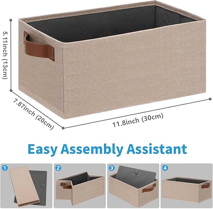 GhvyenntteS Small Fabric Storage Bins 12 Pack, 11.8" x 7.87" x 5.11" Storage Basket with Leather Handles, Closet Storage Bins for Shelves, Storage Baskets for Shelves, DVD Storage (Beige Yellow)-HomvellaHome