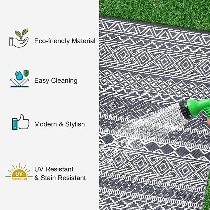 GAOMON Outdoor Rug Waterproof 8'x10', Reversible Outdoor Plastic Straw Rug, Boho Patio Rug, Indoor Outdoor Carpet, RV Mat Outside for Patio, Camp, Picnic, Balcony, Deck, Grey/White(Bohemia)-HomvellaHome