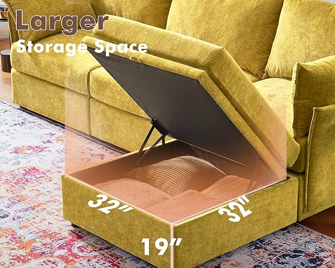 102.6" Luxury Modular Sleeper Sofa Bed 6 Seat Reversible Sectional Couch Deep Seat with Storage Chaises Removable Cover for Living Room, Apartment - Chenille Yellow-HomvellaHome