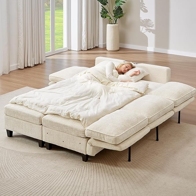 110" Modular Sectional Sofa, Convertible Sleeper Sofa Couch Bed with Adjustable Backrest, U-Shaped Chenille Cloud Couch with Ottoman Storage, Deep Seat Couches for Living Room,Beige-HomvellaHome