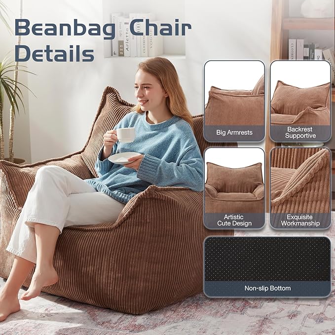 Giant Bean Bag Chair Sofa for Adults Teens, Comfy Corduroy Large Bean Bag Chairs with Armrests for Bedroom Living Room, Adult BeanBag Lazy Sofa Couch Chairs with Filler Included-HomvellaHome