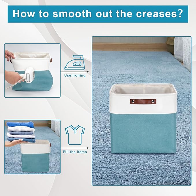 13x13 Cube Storage Bins, Collapsible Fabric Storage Box, 4 Pack Closet Baskets with Handles for Organizing, Shelf, Toys, Clothes, Home, Office, Nursery (Teal&White)-HomvellaHome