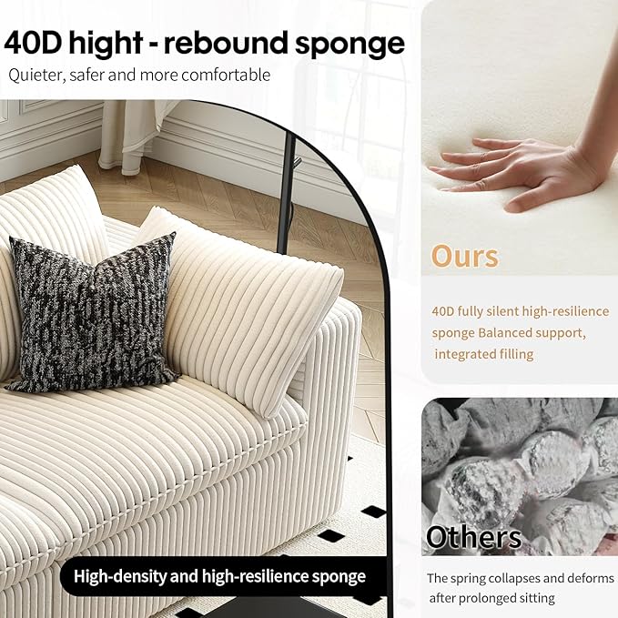 118" Cloud Couch Modular Sectional Sofa for Living Room,Modern Sofa with Deep Seat，L-Shape Boneless Couch with Ottoman,Comfy Upholstered Corduroy Couches for Apartment, Studio, Office,Bedroom，White-HomvellaHome