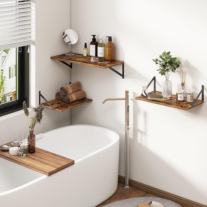 18"W x12"D Floating Shelves, Farmhouse Wall Shelves Home Decor Shelf, Deep Bathroom Shelf with Bracket, 12 Inch Deep Wall Shelves for Living Room, Kitchen, Bedroom, Rustic Brown, Set of 2-HomvellaHome